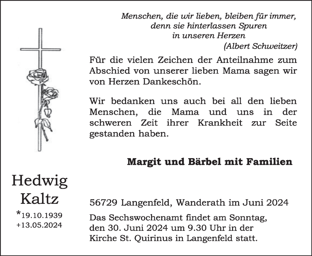  Traueranzeige für Hedwig Kaltz vom 26.06.2024 aus WochenSpiegel