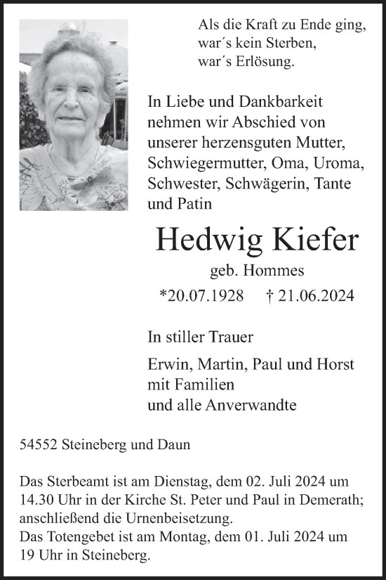 Traueranzeige von Hedwig Kiefer von WochenSpiegel