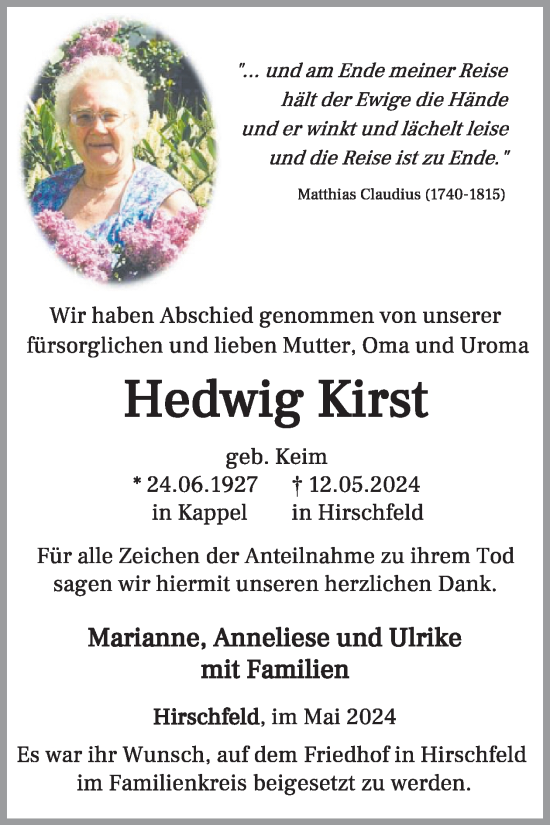 Traueranzeige von Hedwig Kirst von WochenSpiegel