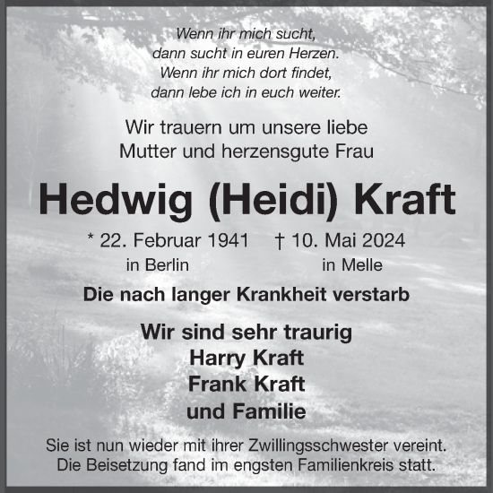 Traueranzeige von Hedwig Kraft von WochenSpiegel