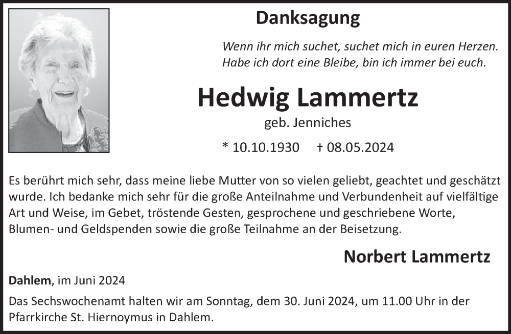  Traueranzeige für Hedwig Lammertz vom 19.06.2024 aus WochenSpiegel