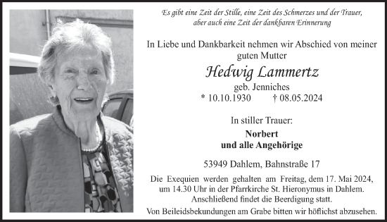Traueranzeige von Hedwig Lammertz von WochenSpiegel