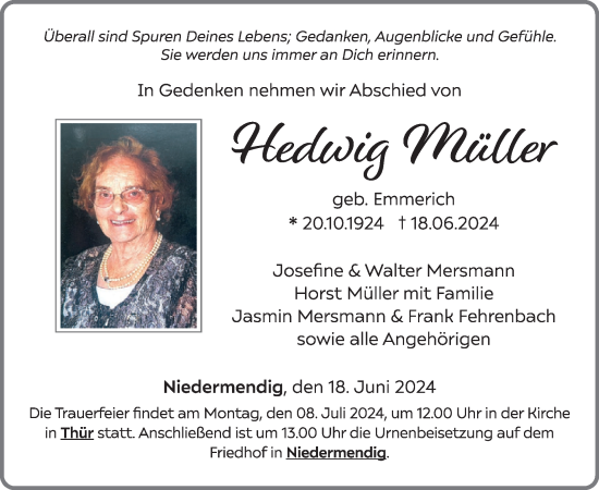 Traueranzeige von Hedwig Müller von WochenSpiegel