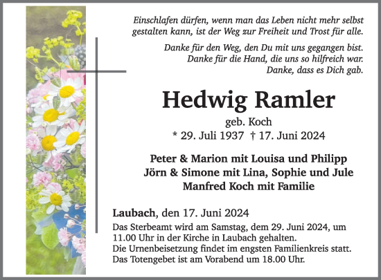 Traueranzeige von Hedwig Ramler von WochenSpiegel