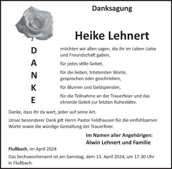 Traueranzeige von Heike Lehnert von WochenSpiegel