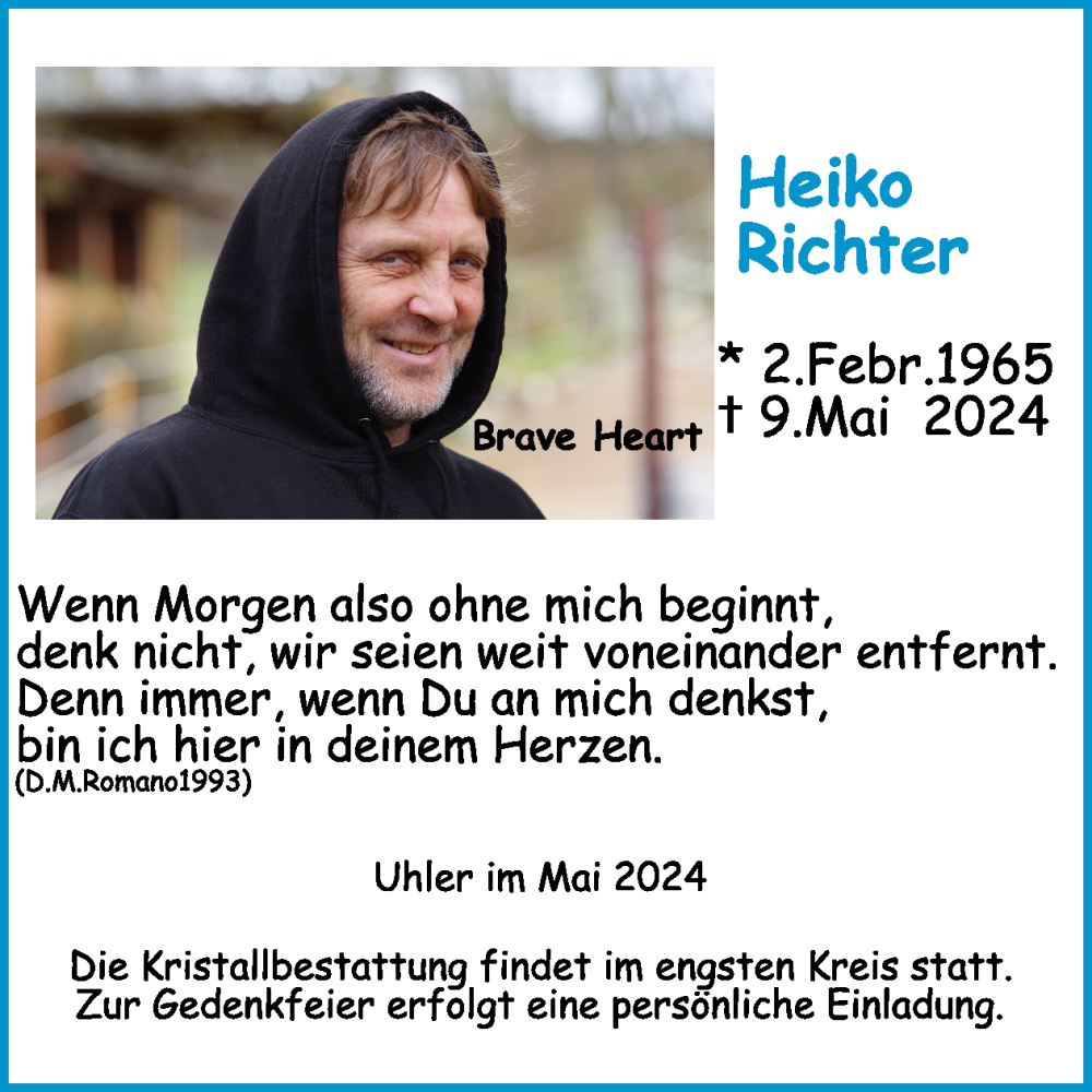  Traueranzeige für Heiko Richter vom 15.05.2024 aus WochenSpiegel Trauer