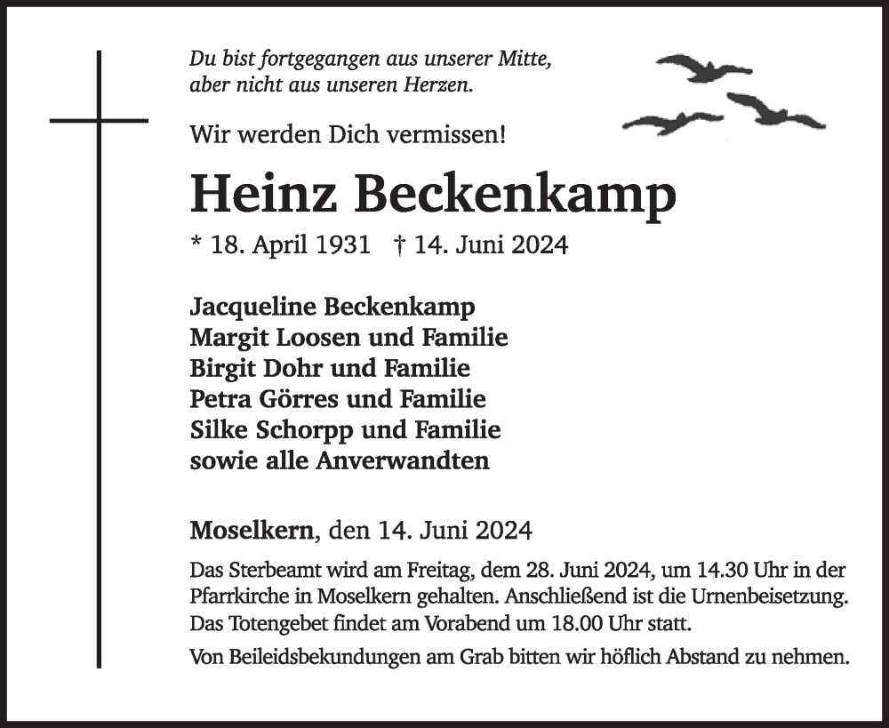 Traueranzeige für Heinz Beckenkamp vom 26.06.2024 aus WochenSpiegel