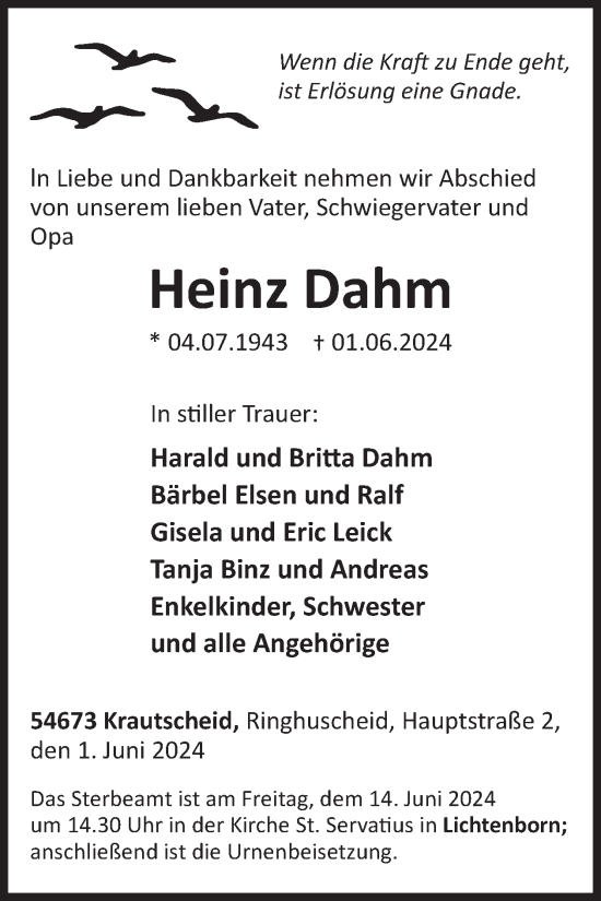 Traueranzeige von Heinz Dahm von WochenSpiegel