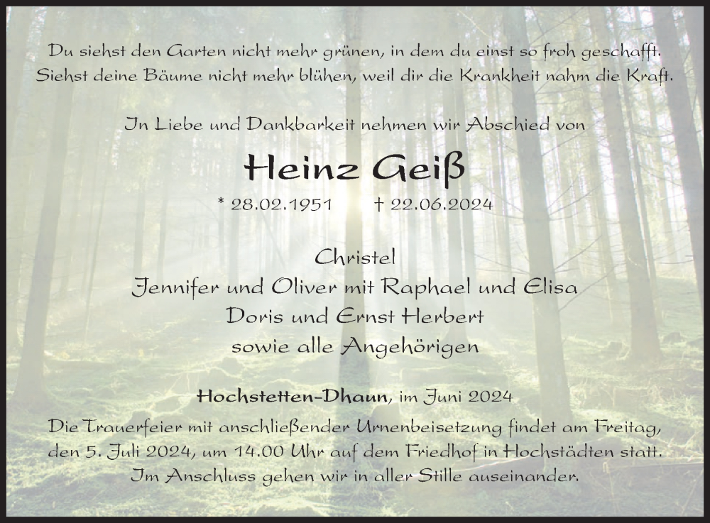  Traueranzeige für Heinz Geiß vom 29.06.2024 aus WochenSpiegel