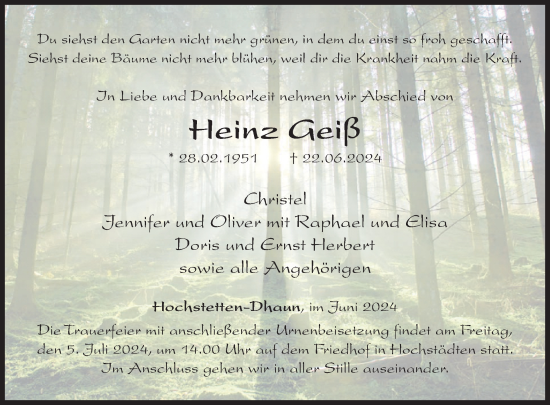 Traueranzeige von Heinz Geiß von WochenSpiegel