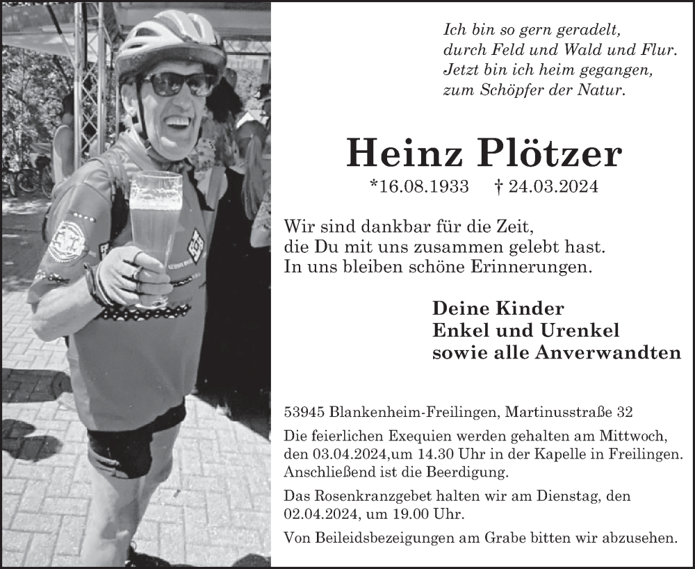  Traueranzeige für Heinz Plötzer vom 27.03.2024 aus WochenSpiegel