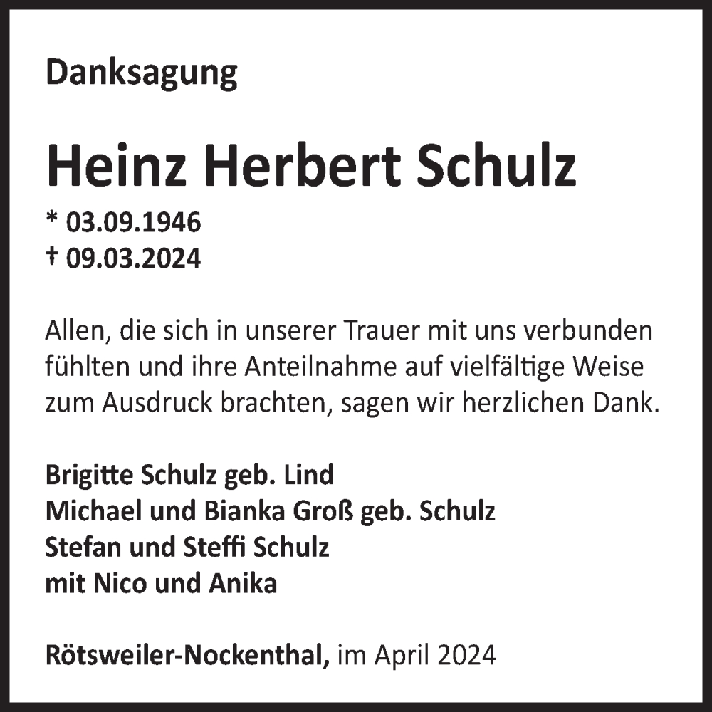  Traueranzeige für Heinz Herbert Schulz vom 06.04.2024 aus WochenSpiegel