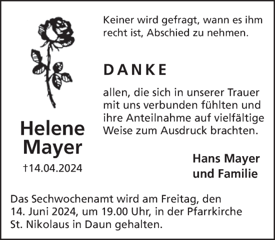 Traueranzeige von Helene Mayer von WochenSpiegel