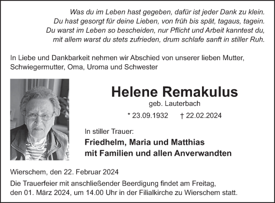 Traueranzeige von Helene Remakulus von WochenSpiegel