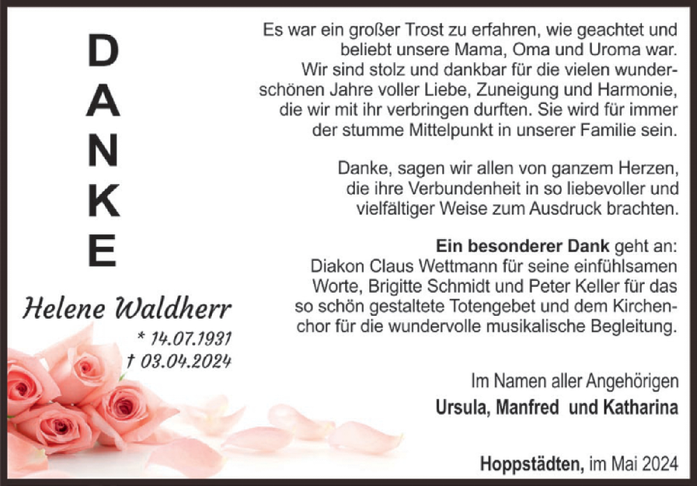  Traueranzeige für Helene Waldherr vom 25.05.2024 aus WochenSpiegel