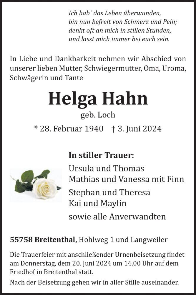  Traueranzeige für Helga Hahn vom 08.06.2024 aus WochenSpiegel