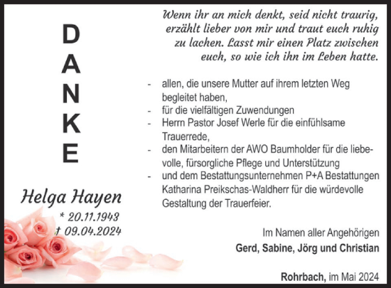 Traueranzeige von Helga Hayen von WochenSpiegel