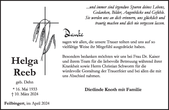 Traueranzeige von Helga Reeb von WochenSpiegel