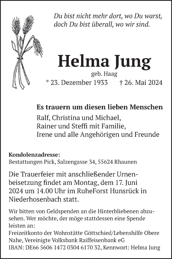  Traueranzeige für Helma Jung vom 08.06.2024 aus WochenSpiegel