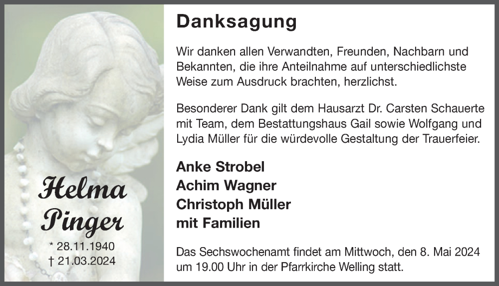  Traueranzeige für Helma Pinger vom 01.05.2024 aus WochenSpiegel