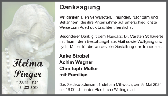 Traueranzeige von Helma Pinger von WochenSpiegel