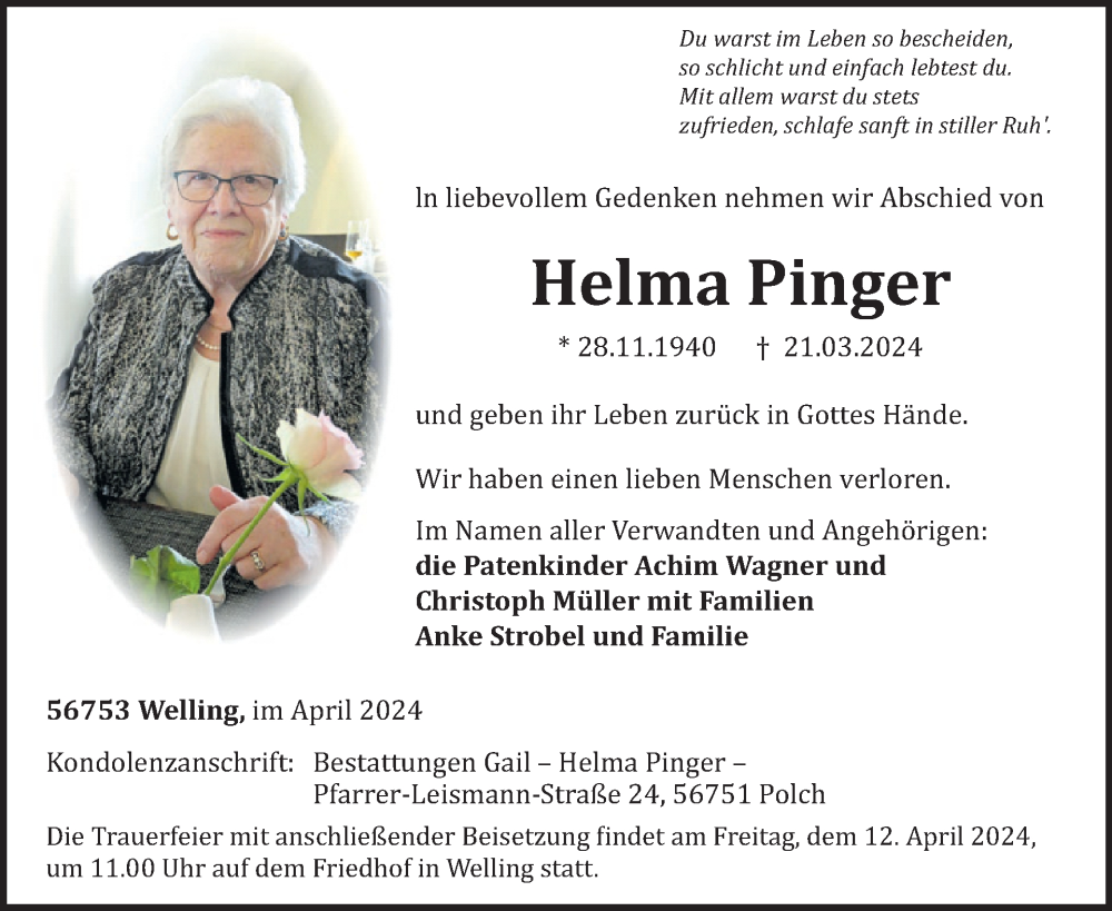  Traueranzeige für Helma Pinger vom 03.04.2024 aus WochenSpiegel