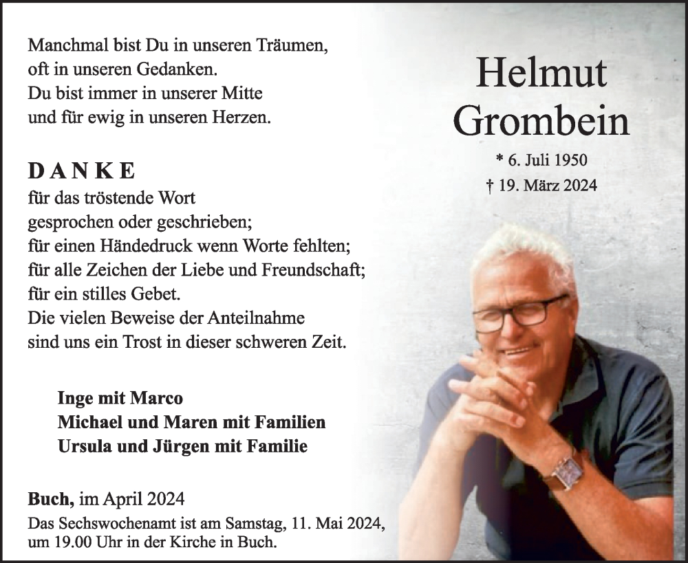  Traueranzeige für Helmut Grombein vom 20.04.2024 aus WochenSpiegel