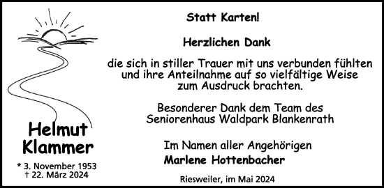 Traueranzeige von Helmut Klammer von WochenSpiegel