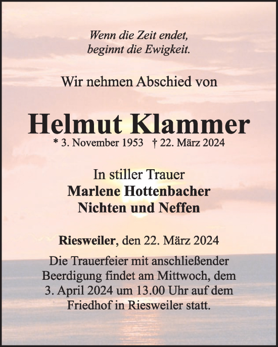 Traueranzeige von Helmut Klammer von WochenSpiegel