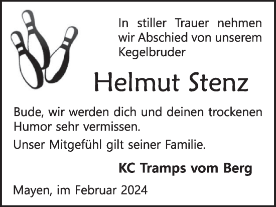 Traueranzeige von Helmut Stenz von WochenSpiegel