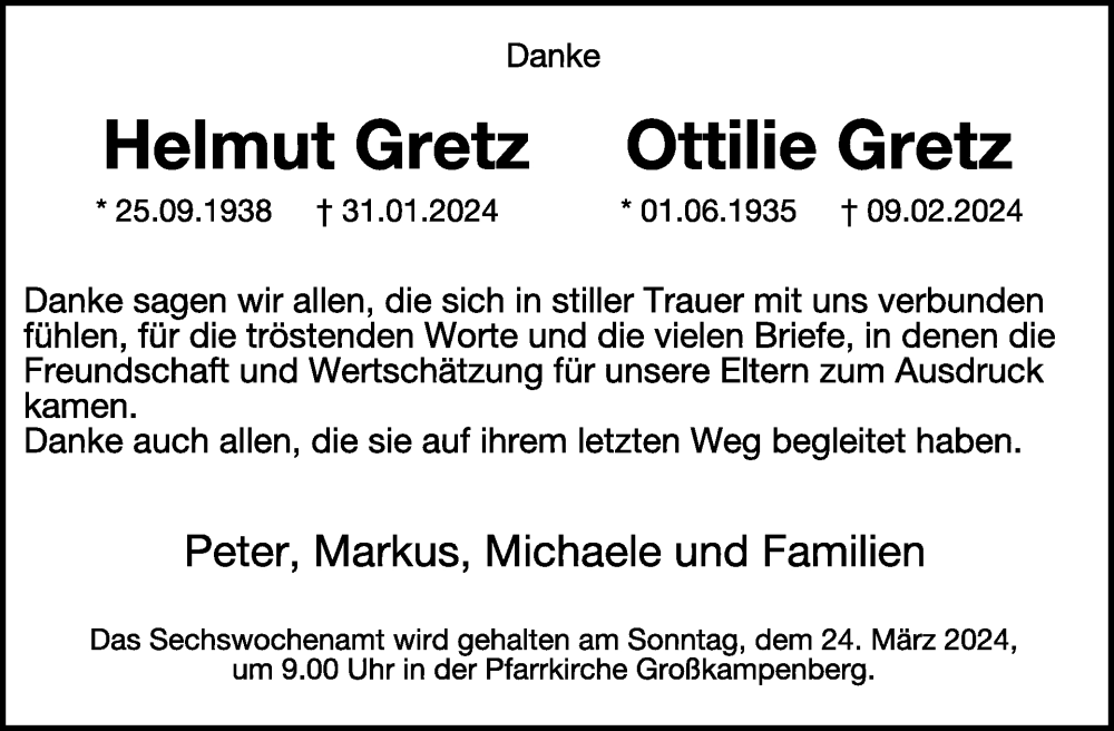  Traueranzeige für Helmut und Ottilie Gretz vom 22.03.2024 aus WochenSpiegel