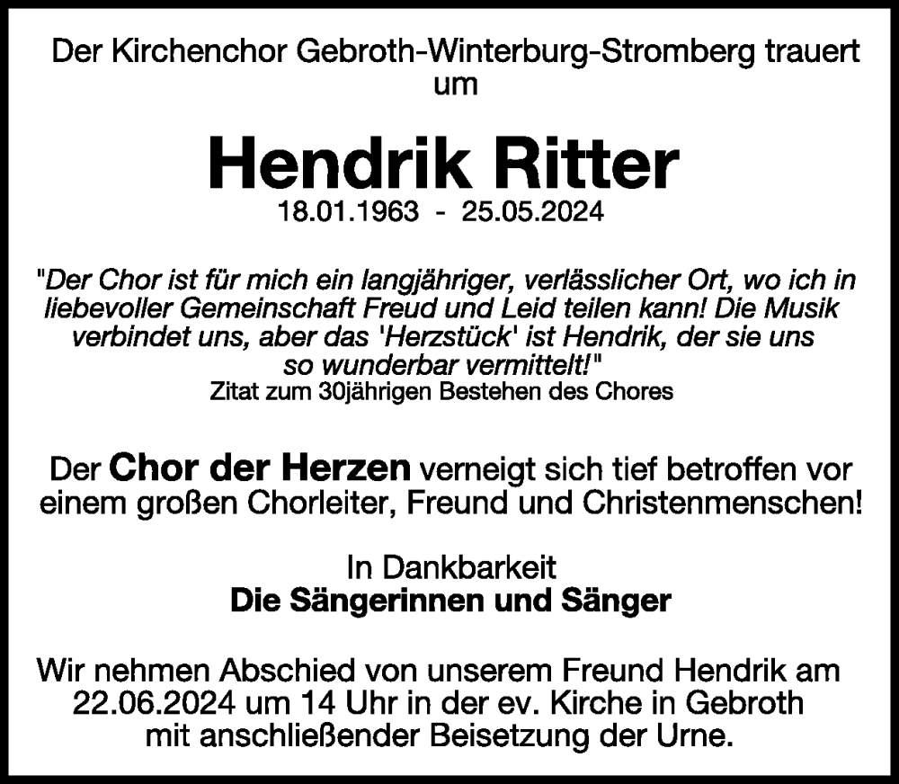  Traueranzeige für Hendrik Ritter vom 15.06.2024 aus WochenSpiegel