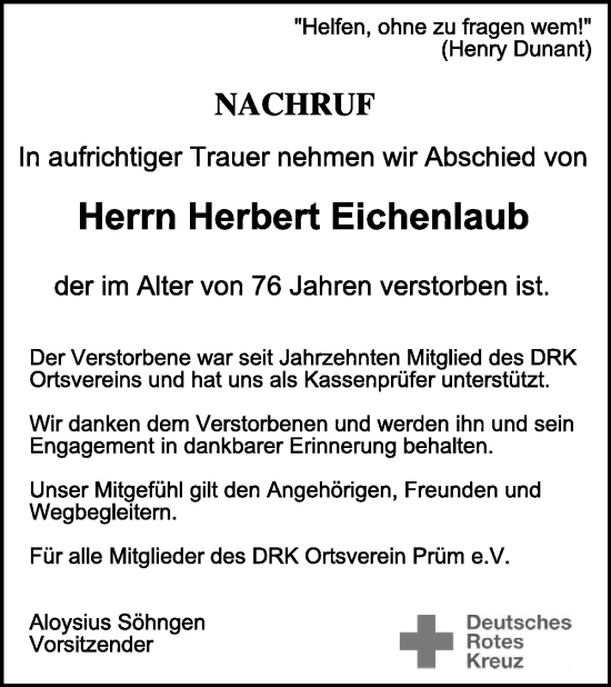Traueranzeige von Herbert Eichenlaub von WochenSpiegel