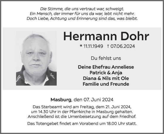 Traueranzeige von Hermann Dohr von WochenSpiegel