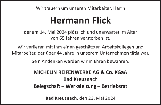 Traueranzeige von Hermann Flick von WochenSpiegel
