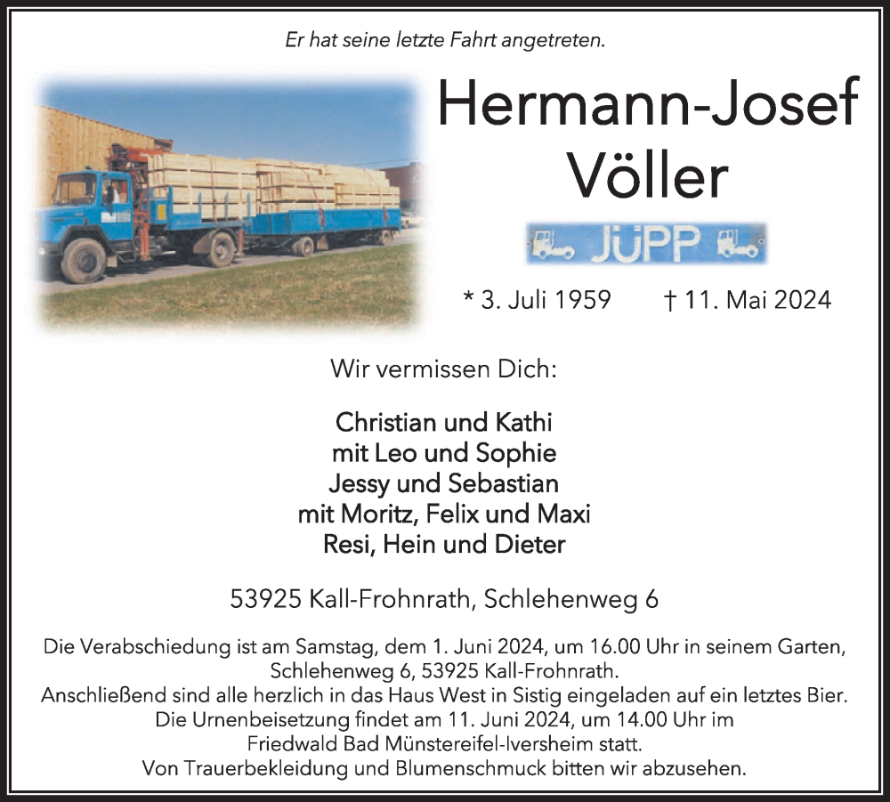  Traueranzeige für Hermann-Josef Völler vom 29.05.2024 aus WochenSpiegel