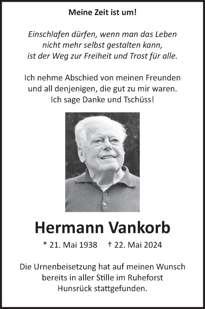  Traueranzeige für Hermann Vankorb vom 22.06.2024 aus WochenSpiegel