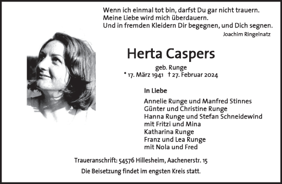 Traueranzeige von Herta Caspers von WochenSpiegel