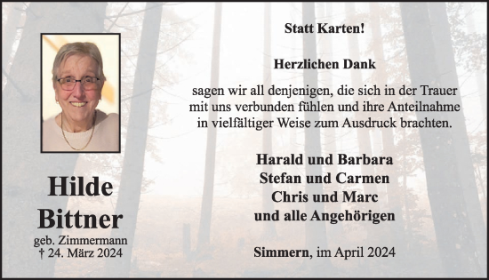 Traueranzeige von Hilde Bittner von WochenSpiegel