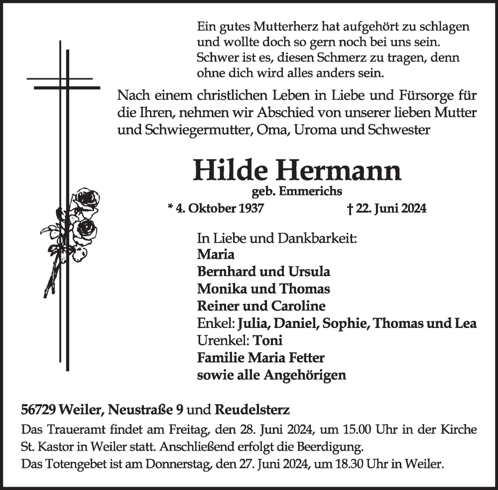  Traueranzeige für Hilde Hermann vom 26.06.2024 aus WochenSpiegel