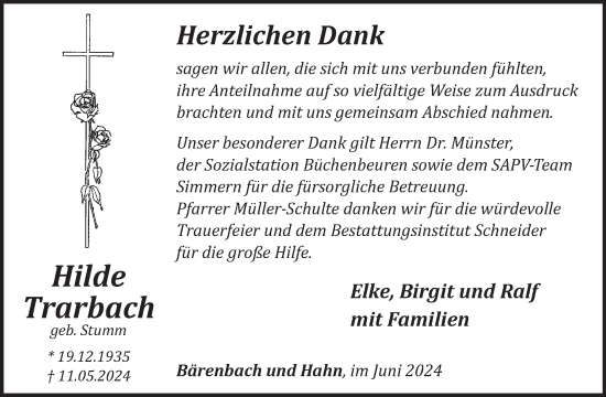 Traueranzeige von Hilde Trarbach von WochenSpiegel