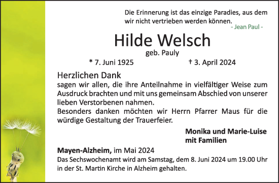 Traueranzeige von Hilde Welsch von WochenSpiegel
