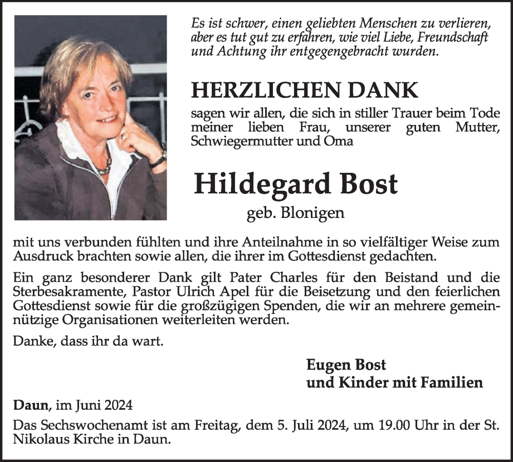  Traueranzeige für Hildegard Bost vom 29.06.2024 aus WochenSpiegel