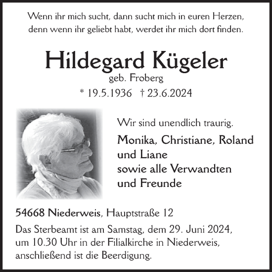 Traueranzeige von Hildegard Kügeler von WochenSpiegel