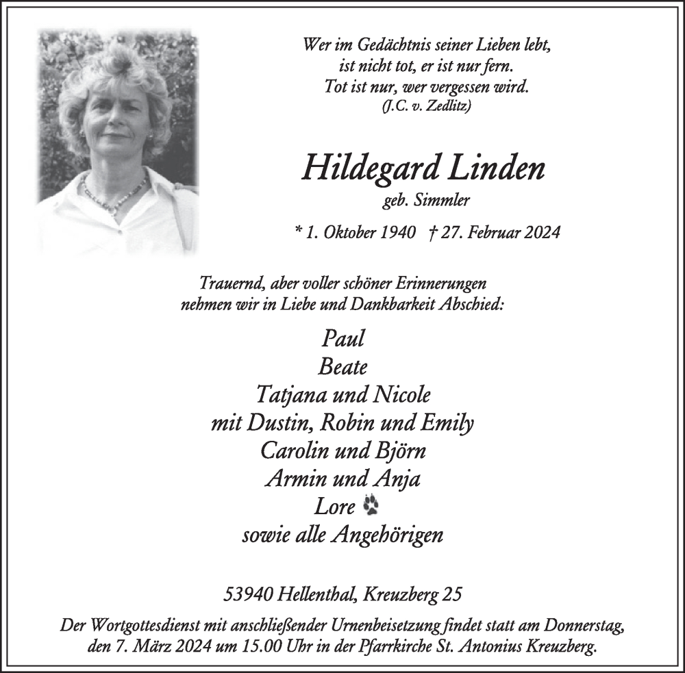  Traueranzeige für Hildegard Linden vom 06.03.2024 aus WochenSpiegel