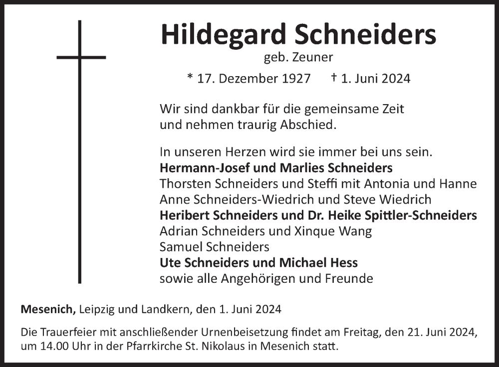  Traueranzeige für Hildegard Schneiders vom 12.06.2024 aus WochenSpiegel