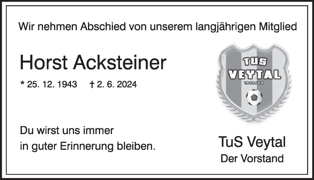  Traueranzeige für Horst Acksteiner vom 26.06.2024 aus WochenSpiegel