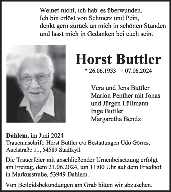 Traueranzeige von Horst Buttler von WochenSpiegel