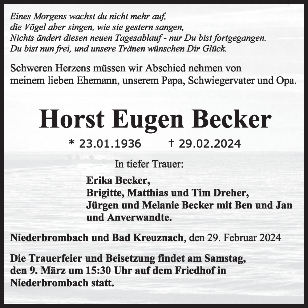  Traueranzeige für Horst Eugen Becker vom 09.03.2024 aus WochenSpiegel