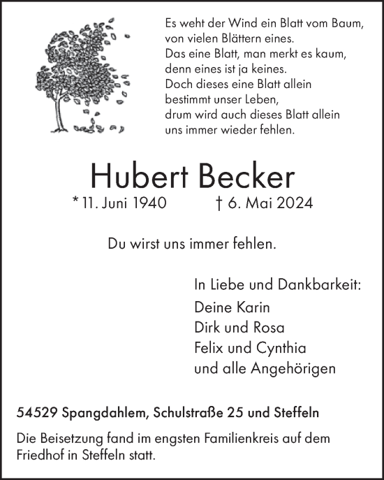 Traueranzeige von Hubert Becker von WochenSpiegel